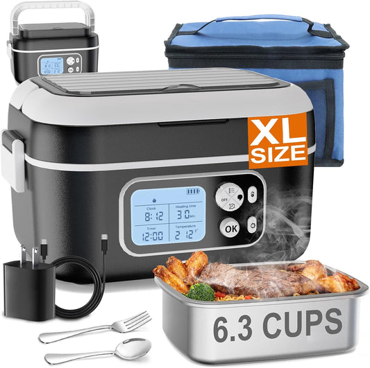 ZRYBOMY 6.3-Cup Cordless Electric Lunch Box for Adults, 24000mAh Heated Lunch Box For Men Battery Powered with Automatic Heating, 100W Self-Heating Portable Food Warmer for Hot Meals Anywhere, Black