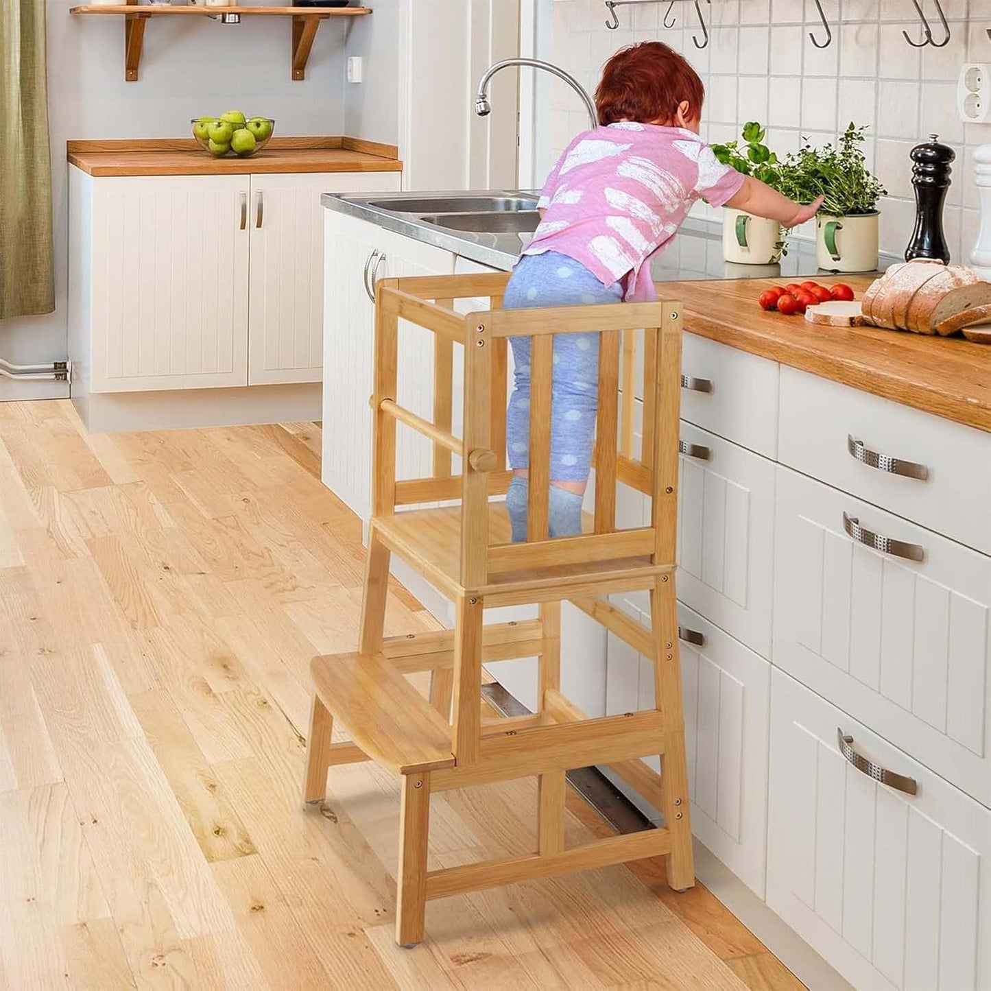 COSYLAND Kids Kitchen Step Stool，Toddler Standing Tower with CPC Certification, Removable Anti-Drop Railing Safety Rail Enjoys Unique Patented Design A Anti-tip Structure More Stable, Natural Bamboo