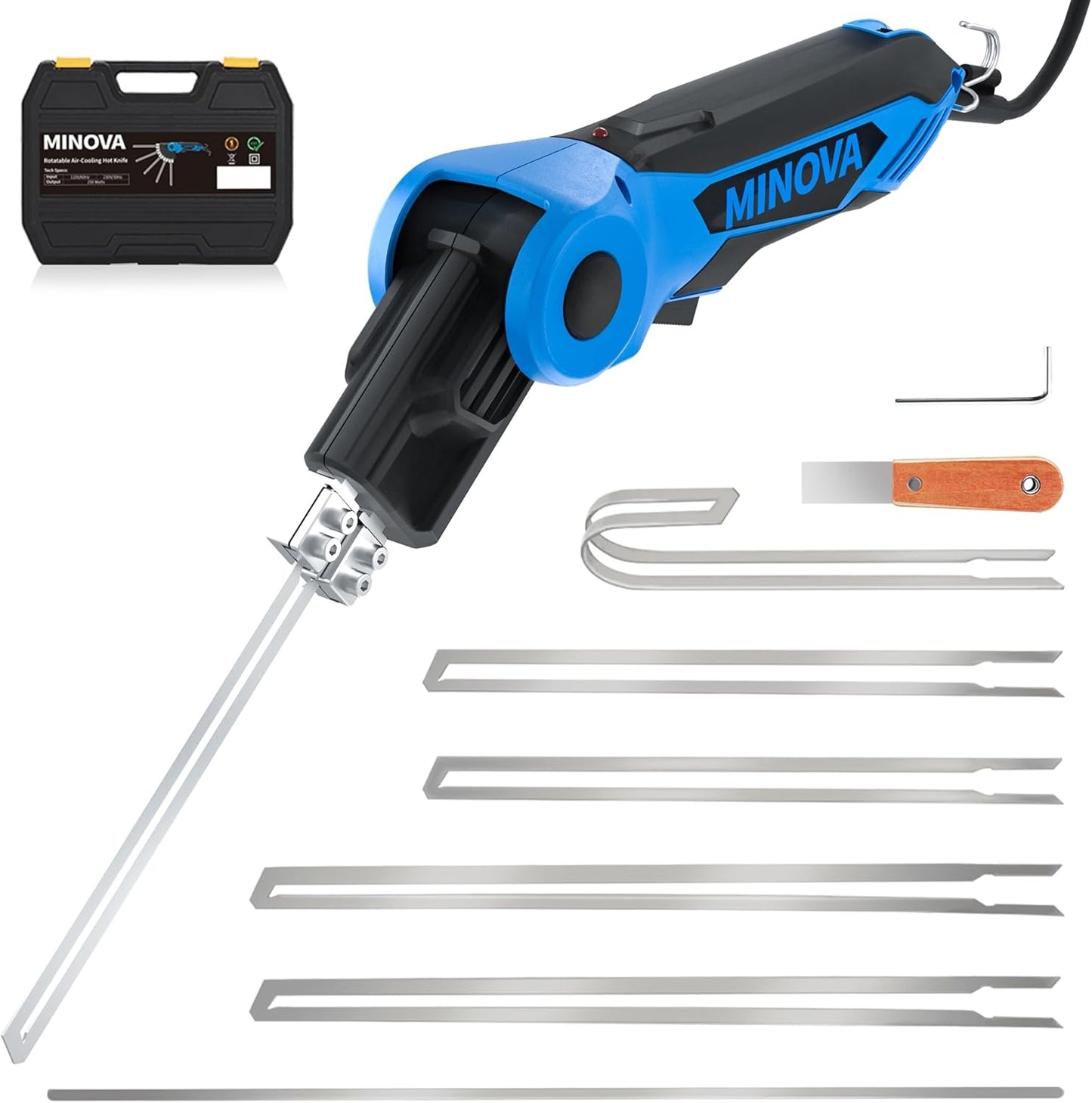 MINOVA 250W AC Rotatable Electric Hot Knife, 6 Blades Foam Cutter Cutting Tool Kit, Full-body Air Cooling System Foam Cutter with Heavy-Duty Case for EPP, EPS, XPS, EVA, EPE, PU, KT Board, Sponge