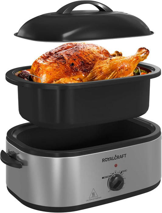 Royalcraft Roaster Oven with Self-Basting Lid, 18qt Electric Roaster with Removable Pan & Rack, Turkey Roaster Oven with Defrost & Warm Function, Stainless Steel, Silver