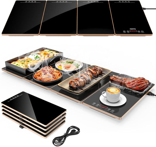 FEPPO Electric Warming Tray, 4-in-1 Food Warmers for Parties Buffet with 10 Temp Settings and Timer, 33"x15" Glass Surface Warming Mat for Food, Modular Buffet Hot Plates for Catering and Gatherings