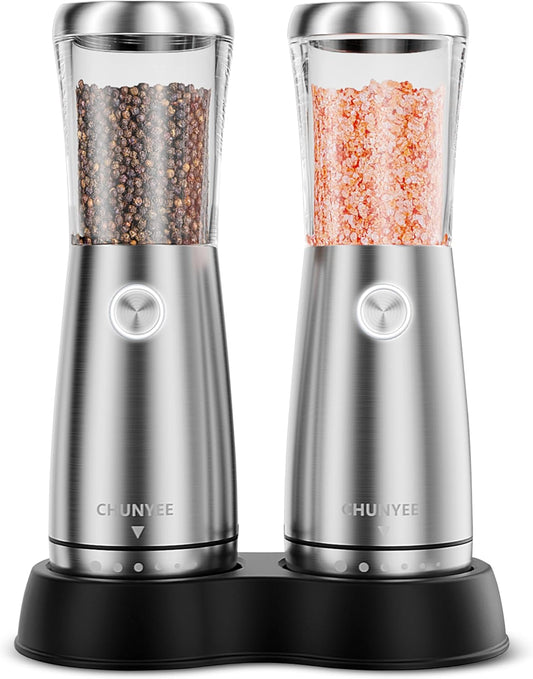 Electric Salt and Pepper Grinder Set - Automatic Stainless Steel Rechargeable Salt and Pepper Grinder Set with Storage Base, Large Capacity, LED Light & Adjustable Coarseness, Ideal Kitchen Gadget