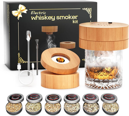 Electric Whiskey Smoker Kit with 6 Wood Chips, Rechargeable Cocktail Smoker Kit Built-in Lighter, No Butane Needed,Old Fashioned Drink Smoker Kit, Gifts for Men, Dad, Husband