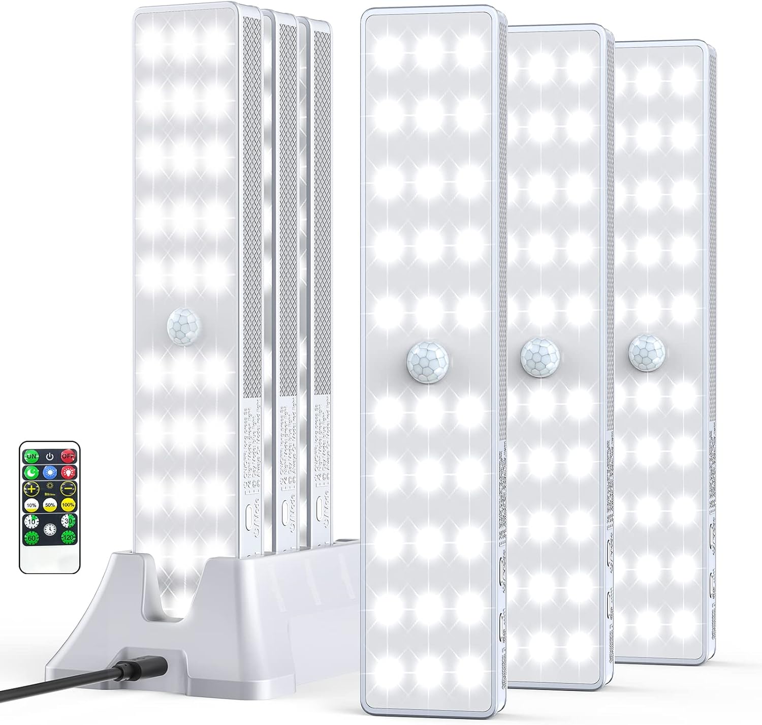 LED Closet Light with Charging Station, 6 Pcs 30LEDs 8'' Dimmer Rechargeable Motion Sensor Under Cabinet Lighting with Remote Control, Wireless Stick-Anywhere Night Light for Wardrobe,Kitchen
