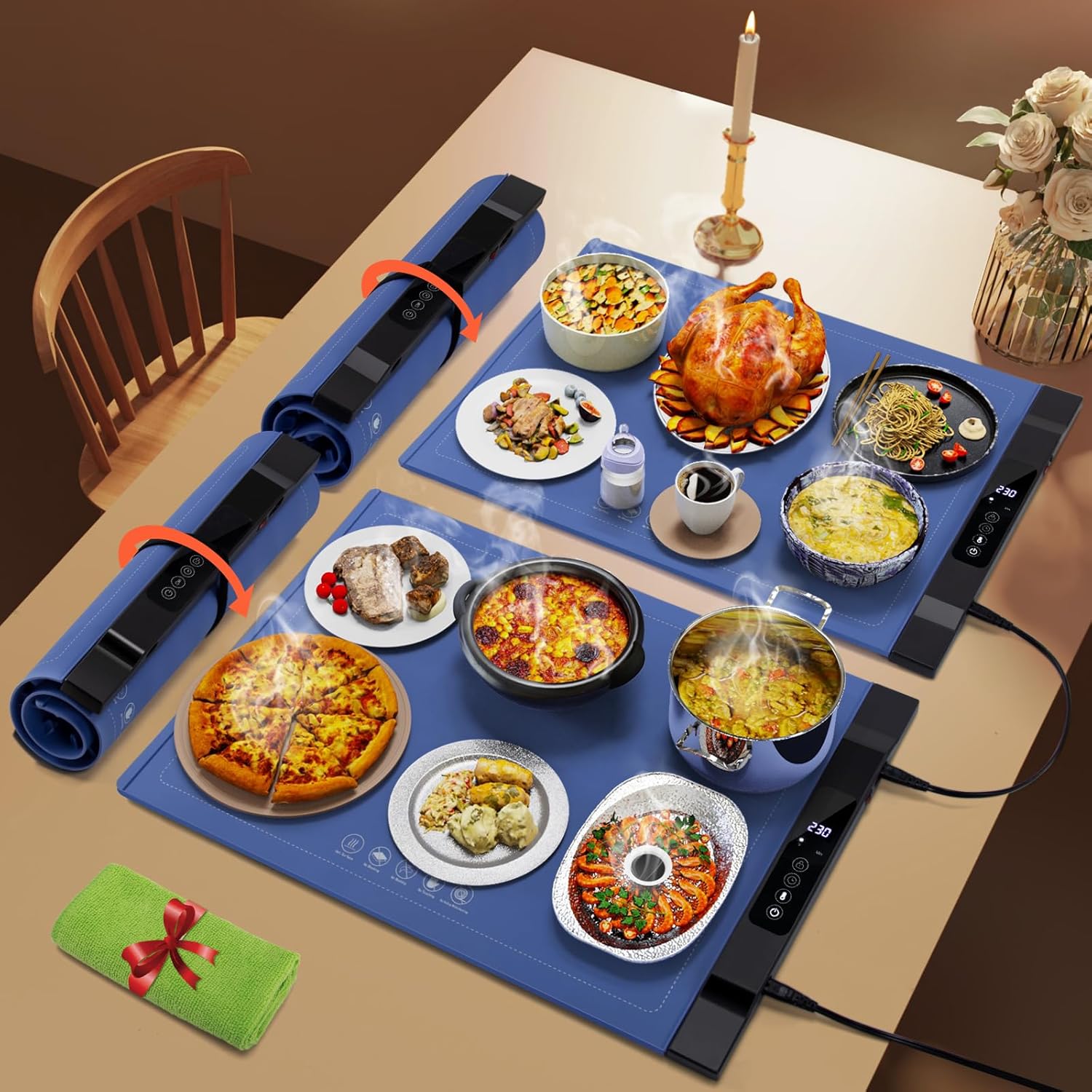 2 Pack Food Warming Mat for Countertop, Extra Large Electric Warming Tray with 7 Adjustable Temperature, 6 Timer, Roll Up Food Warmers for Parties Buffet, Portable Silicone Heating Tray Kitchen Gifts