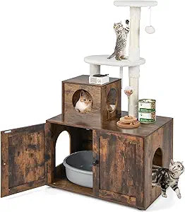 Giantex Litter Box Enclosure with Cat Tree, Cat Washroom Hidden Furniture with Cat Tower, Scratching Posts, Cat Condo, Jingling Ball, Air Vents, Wooden Pet Crate House (Rustic Brown)