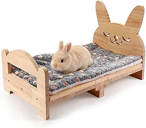 Large Wooden Rabbit Bed - Easy Assemble 20.4"x12.8" Pet Bed with Support Structure & Removable Cushion for Rabbits, Guinea Pigs, Kittens & Small Animals - Cozy Sleeping Habitat