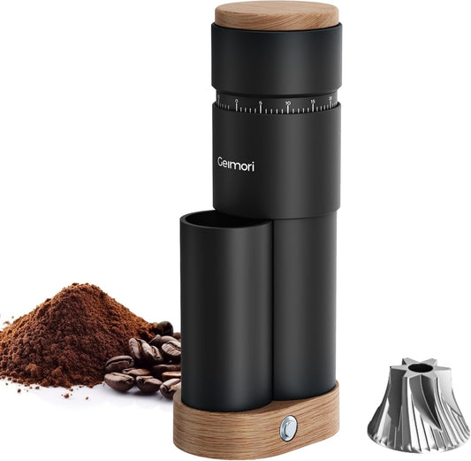 Portable Electric Burr Coffee Grinder,Wirsh Geimori T38 Plus with Anti-Static Tech & Stepless Adjustment-65 Settings for Espresso, Drip,French Press,Compact for Travel, All-Metal Single Dose Grinder