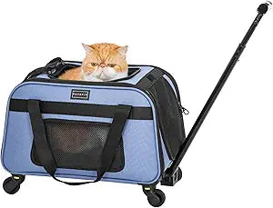 Petsfit Pet Carrier with Wheels, Rolling Cat Carrier for Small Cats, Airline Approved Pet Carrier with Telescopic Handle Perfect for Travelling Under 13lb,Blue