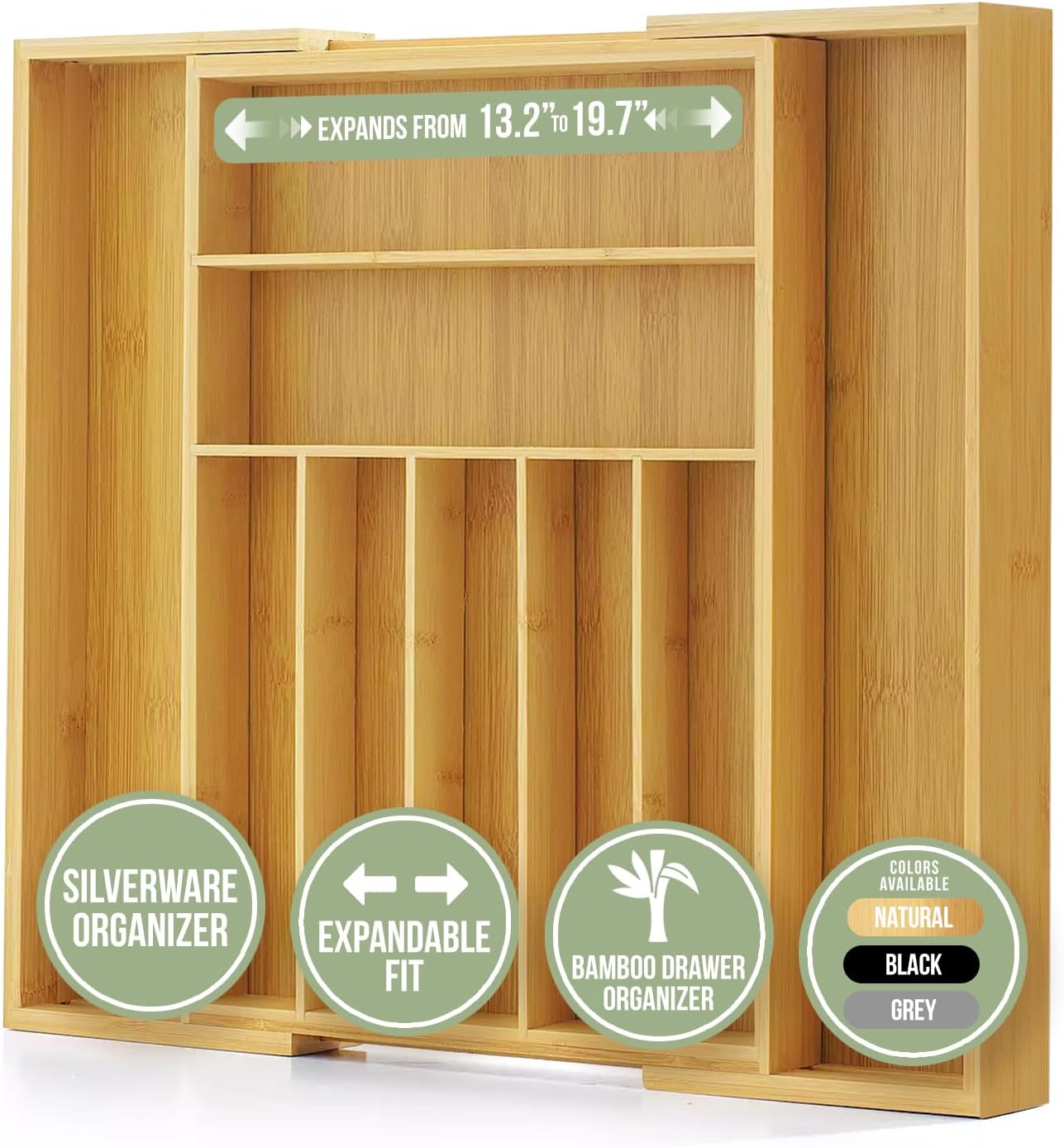 Purawood Bamboo Drawer Organizer - Expandable Silverware Organizer & Utensil Drawer Organizer, Cutlery Tray with Dividers, 7-9 Slots- Kitchen Organizer for Utensils & Flatware (Natural)