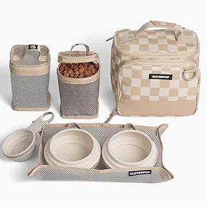Cleverpup Small 7-Piece Bistro Box Dog Food Travel Kit, 6-Cup BPA-Free Kibble Storage, 2 Silicone Bowls, Mat & Scoop - Portable Pet Food Kit for Weekends, Overnights, Daycare & Camping, Checkerboard