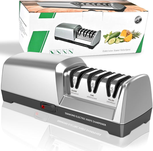 Electric Knife Sharpener 3 Stage, With 100% Diamond Abrasives and 15° Precision Angle Guides, Knife Sharpener Electric for all Kitchen Knives, Super Quiet Sharpenning and Polishing, Silver