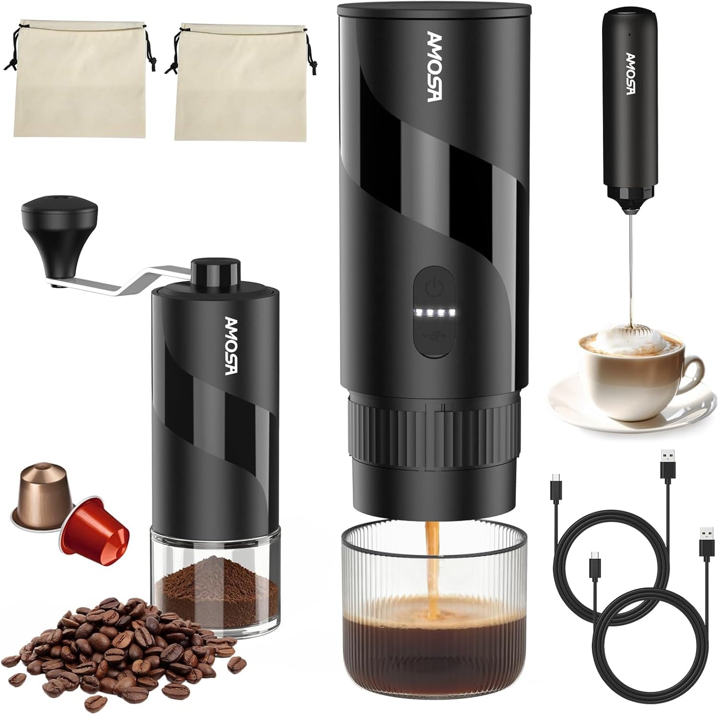 Portable Electric Espresso Machine & Manual Coffee Grinder & Electric Milk Frother All in 1 Mini Travel Coffee Maker Set for Camping, Car, RV, Hiking, Office, Home, Ground Coffee & NS Capsules Pod