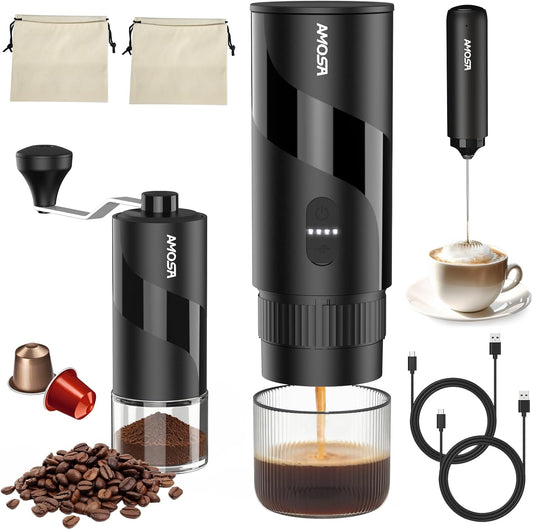 Portable Electric Espresso Machine & Manual Coffee Grinder & Electric Milk Frother All in 1 Mini Travel Coffee Maker Set for Camping, Car, RV, Hiking, Office, Home, Ground Coffee & NS Capsules Pod