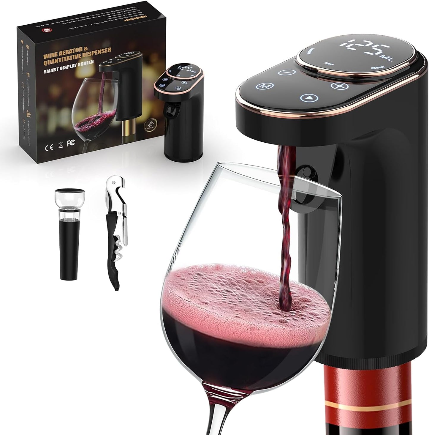 Electric Wine Aerator, Rechargeable Wine Dispenser & Decanter, 1-999ML Quantitative Pour, Self-Clean & LED Touch Screen, Automatic Wine Pourer for Holiday Home Party Wine Lovers
