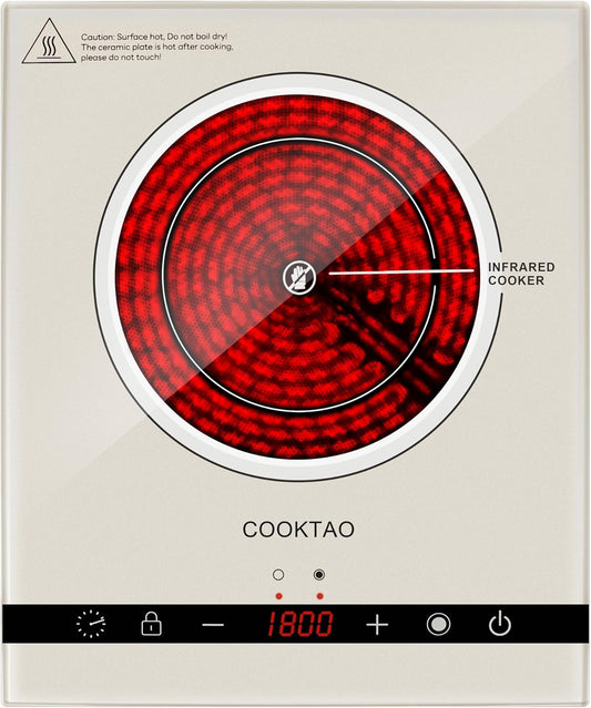 Dual Coils Design of Single Burner Electric Cooktop, 1800W Infrared Ceramic Hot Plate for Cooking, Portable Countertop or Built-in Radiant Stove Top Cooker, Compatible with All Cookware