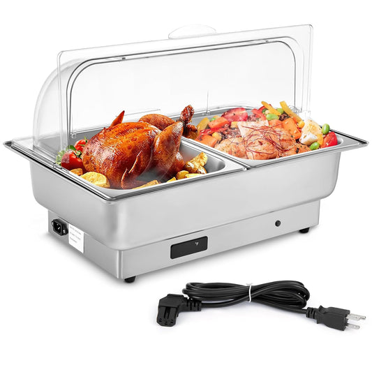 Electric Chafing Dish Buffet Set, 9 QT Roll Top Stainless Steel Chafer with Temperature Control & Transparent Lid Chafing Server Set, Food Warmers for Parties