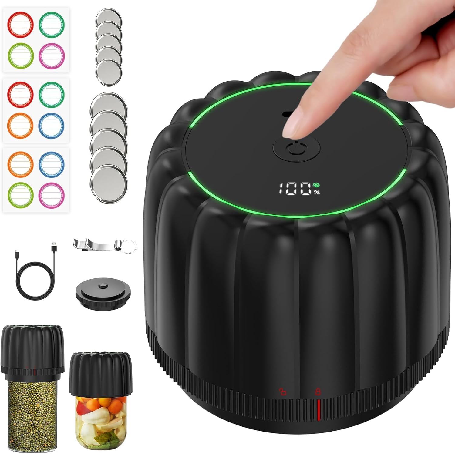 Bunyta Electric Mason Jar Vacuum Sealer Kit - Portable Jar Vacuum Sealer for Canning Jars, with Wide and Regular Mouth Mason Lids, Food Storage Vacuum Sealing Machine, Lids Included, Opener