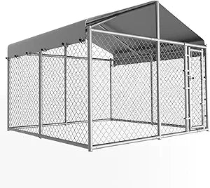 10 x 10 x 6 ft Outside Dog Kennel Outdoor Large with Roof, Enclosure with Roof, Outdoor Heavy Duty Dog Run Pens House Pet Playpen with Galvanized Chain Link