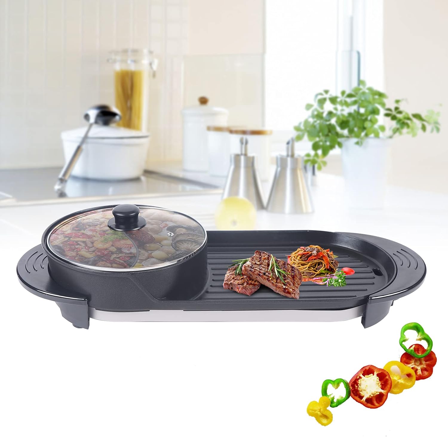 Multi-function Electric Hot Pot with Grill, Smokeless Shabu Korean BBQ Grill for Indoor Outdoor Simmer, Boil, Fry, Roast, 110V