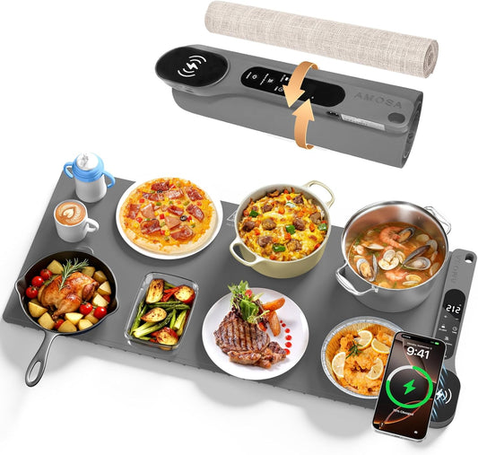 New Food Warming Mat with Wireless Charger, 34\u201Dx15\u201D Extra Large Roll Up Food Warmer Fast Heating Mat for Food with 7 Level Temperature & 8 Hours Timer, Electric Warming Trays for Buffets Party (Grey)