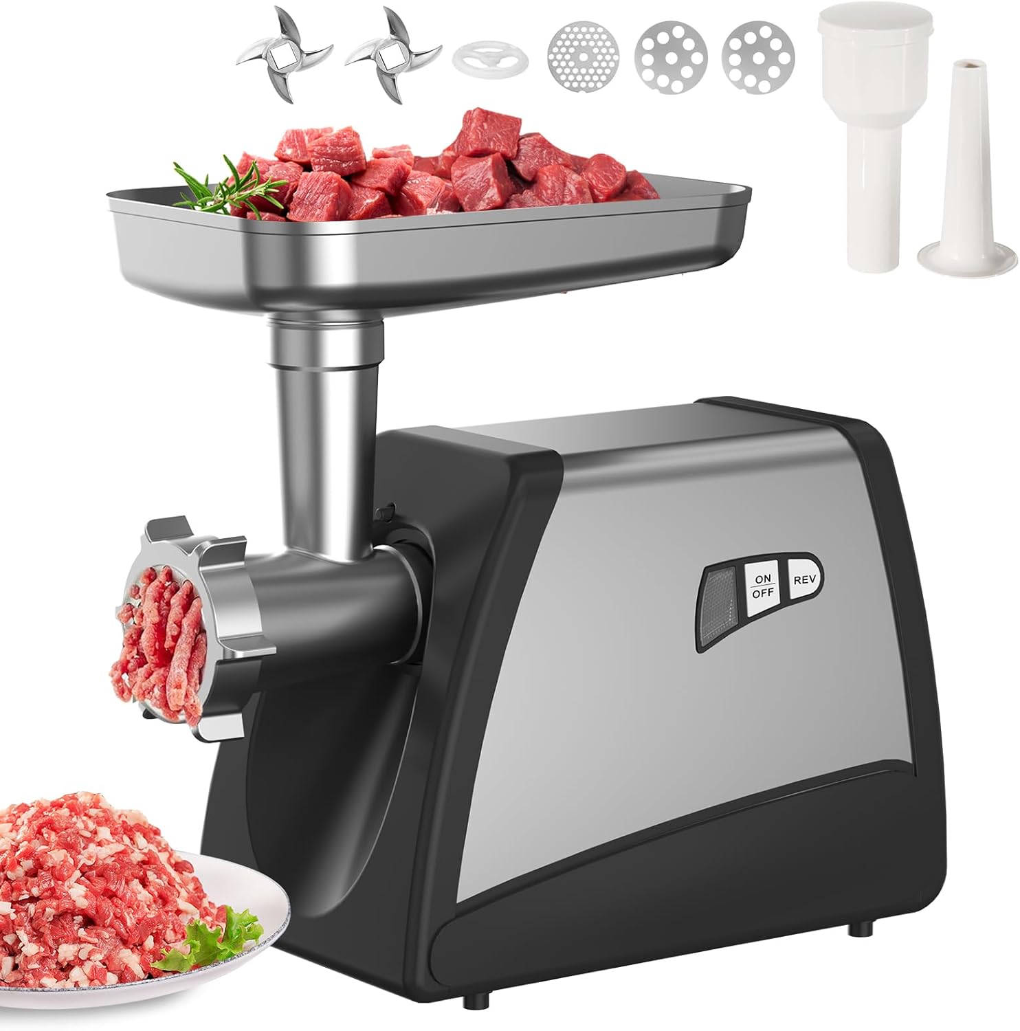 Bluelinecool Electric Meat Grinder - 3500W ETL Stainless Steel Sausage Stuffer & Meat Mincer with 3 Plates, 2 Blades, Sausage Tubes Set, Reverse Function - Ideal for Family Meals, BBQ, Burgers, EG508