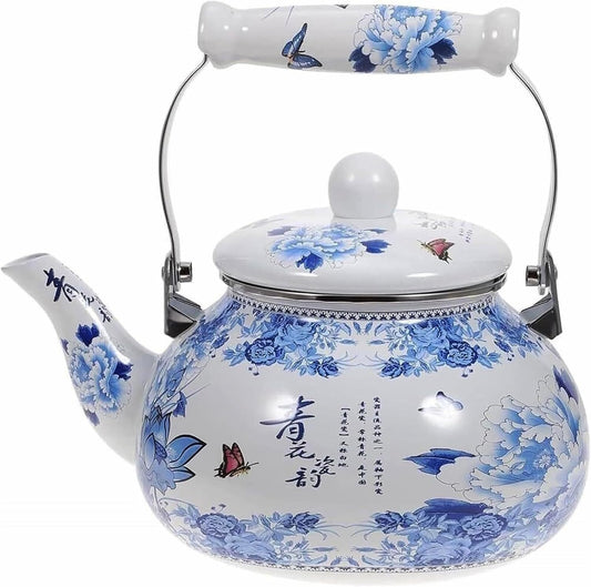 Enamel Teapot, 2.5L Large Blue Floral Vintage Tea Kettle with Ceramic Handle for Gas, Induction, Electric Stove Tops