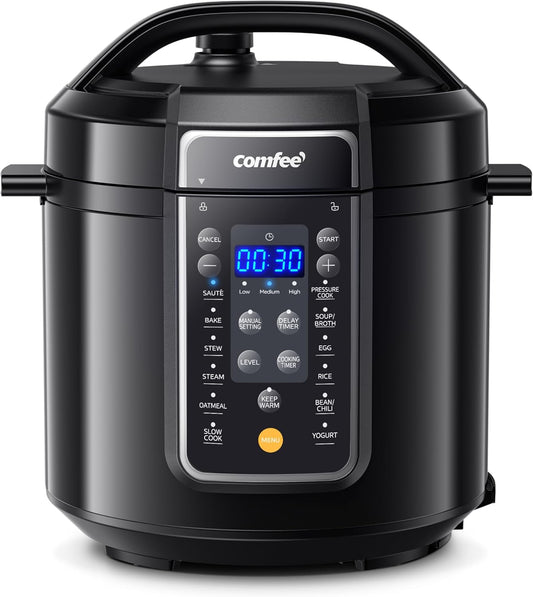 COMFEE' 9-in-1 Electric Pressure Cooker, 14 Presets Instant Multi Cooker Olla de Presion Non-Stick Pot Yogurt Maker Rice Cooker Slow Cooker Sauté Steamer 6 Quarts Black