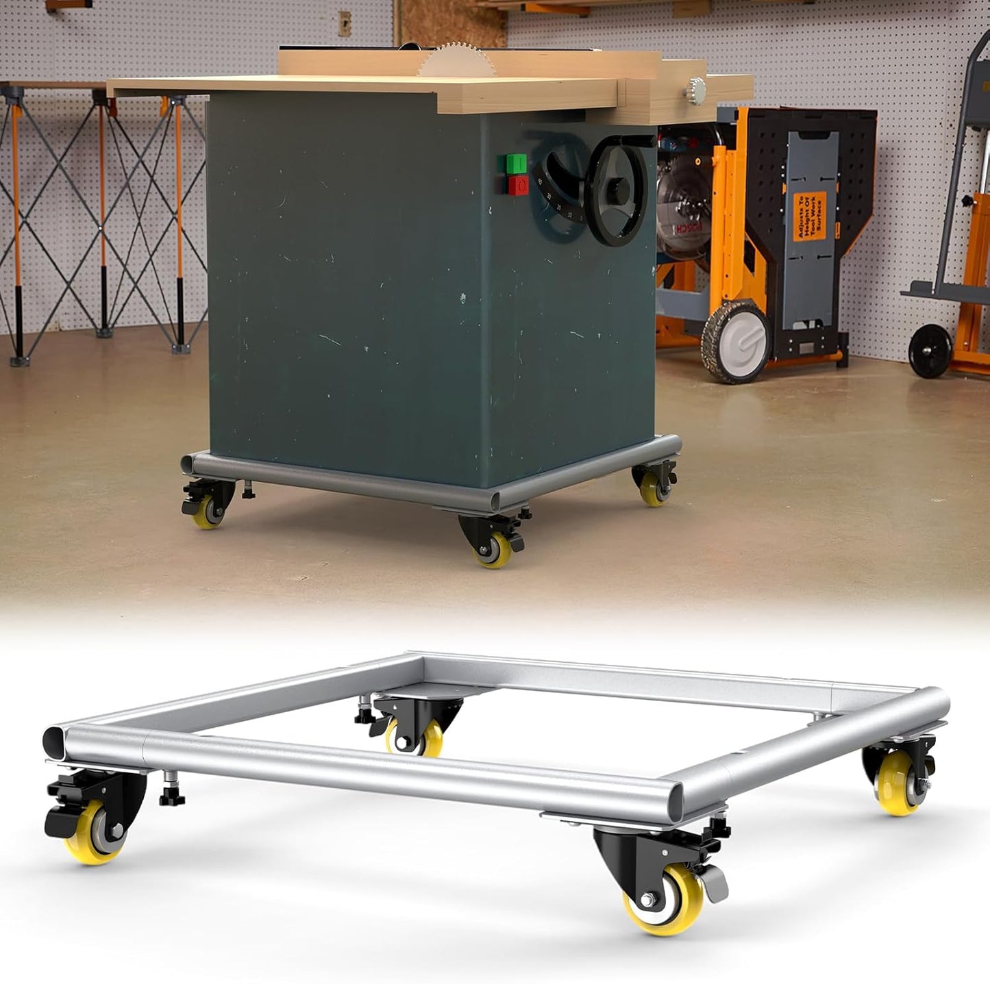 AUH Universal Rolling Mobile Base,Heavy Duty Adjustable Mobile Power Tool Base 25" x 25" to 38" x 38", with Swivel Wheels, for Woodworking Equipment,Bandsaw, Power Tools, Machines 650 LBS Capacity