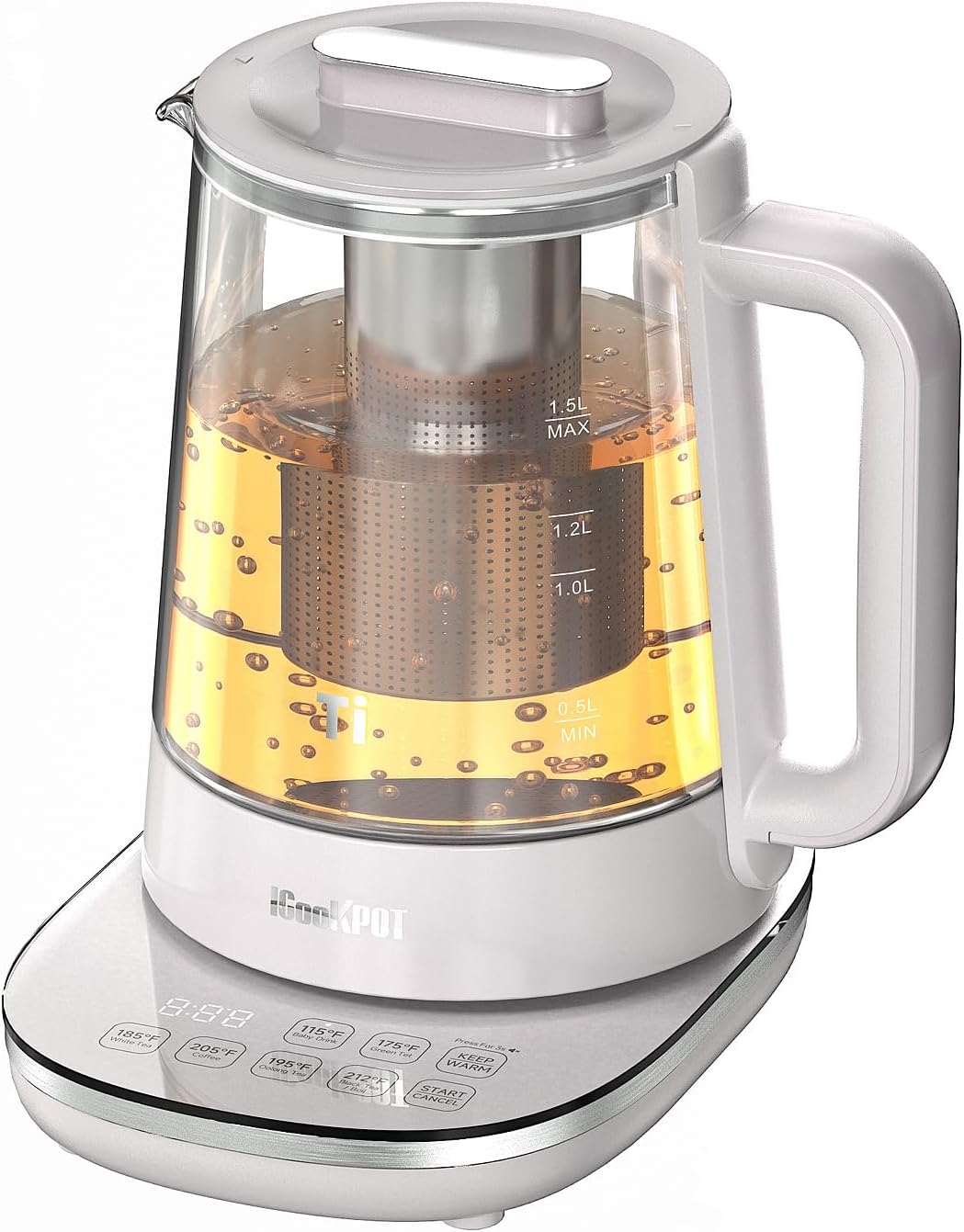 ICOOKPOT 1500W Titanium Hot Tea Maker Glass Electric Kettle with Infuser and Temperature Control, 1.5L Tea Maker Rapid Boiling,Programmable Control for your Favorite Teas and Coffee, Grey