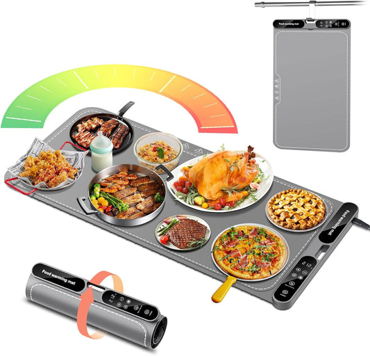 Warming Mat for Food Extra Large, Electric Warming Tray, 15"x31.5" Silicone Heating Mat with 7 Level Adjustable Temp and 8 Hours Timer, Food Warmer for Parties Buffet Home Travel, Dark Gray