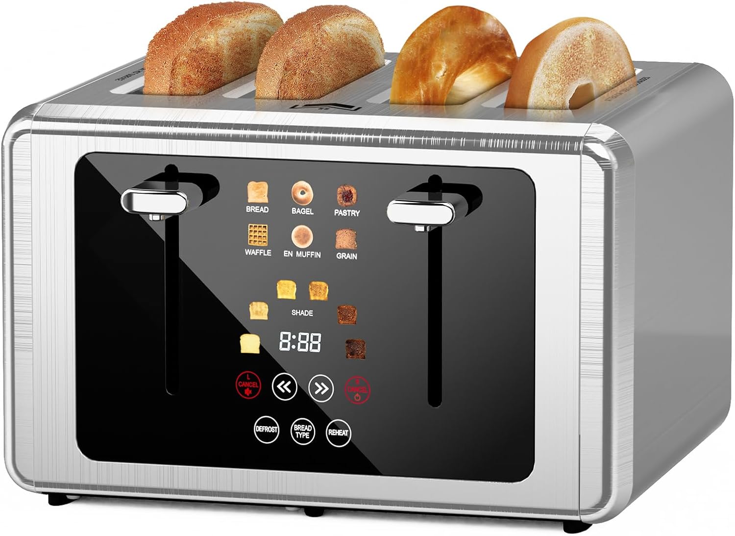 WUNLY 4 Slice Toaster, Touchscreen & Dual Independent Control Panel，5 Basic Functions & Digital Countdown Toasters, 6 Shade Settings＆6 Bread Types, Smart Bread Maker Mute\/Screen-Off,Platinum
