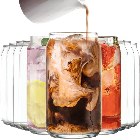 Le'raze Drinking Glasses Set of 10 - Can Shaped Glass Cups, 16oz Iced Tea/Coffee Glasses, Hurricane Tumbler Glass, Cocktail Whiskey Soda Clear Water Beer Glasses