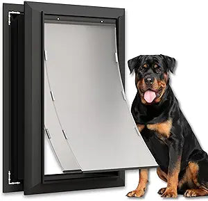 X-Large Aluminum Dog Door for Exterior, Cutout Size 14 1/2''W x 25 1/8''H, Heavy Duty Magnetic Double Flap for Extreme Weather, Energy-Efficient, Easy to Assemble, Lockable Panel Included, Black
