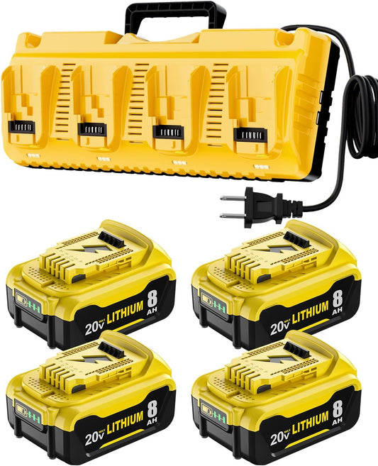 4 Packs DCB206 8000mAh Replacement for Dewalt 20v Battery and Charger Compatible with dewalt 20v max Battery Lithium Ion DCB207 DCB204 DCB200 Series Power Tools