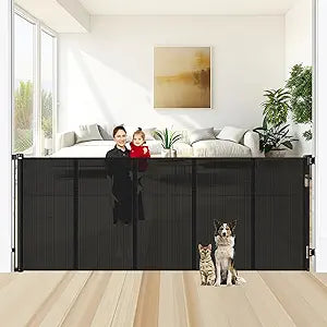 Reinforced 48" Extra Tall X 100" Extra Wide Retractable Baby Gate for Large Openings Extra Tall Dog Gates for Doorways Extra Long Baby Gate Mesh Large Dog Gate Indoor Pet Gate for Cats, Black