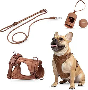 No Pull Dog Harness and Leash Set 3-in-1, Adjustable Anti Pull Dog Puppy Harness with Hands-Free Matching Leash and Poop Bag Holder, Easy Walk Dog Harness Medium, small Sized Dog (Cocoa)