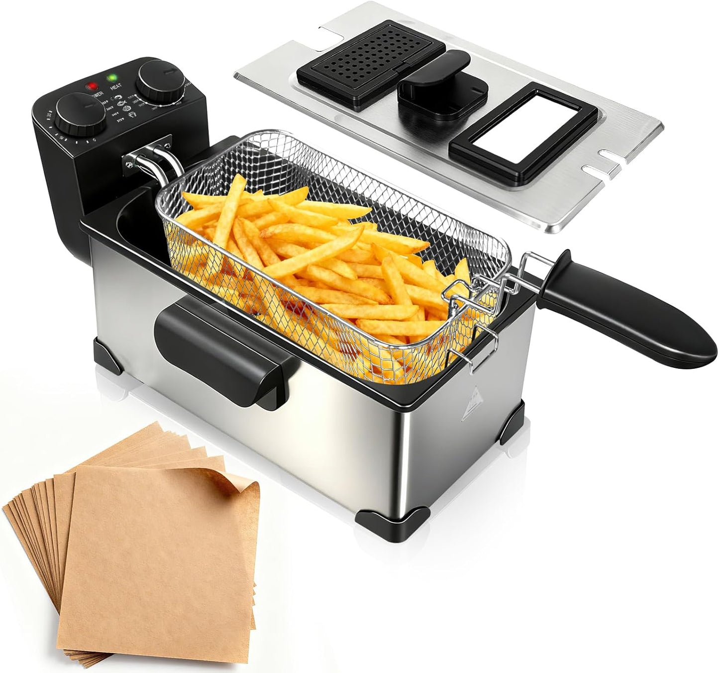 Immersion Deep Fryer with Basket, 1600W, 3L Small Deep Fryer with Timer Control, Fryer Pot for Home Use, Temperature Control, Lid with Viewing Window, Stainless Steel Electric Fryer