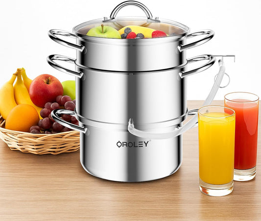OROLEY Steam Juicer Extractor Stainless Steel, Juice Steamer Pot for Fruit & Vegetables with Glass Lid, Hose, Clamp, Loop Handles, Ideal for Making Fresh Juice, Jelly, and Sauces (10Qt 304 Stainless Steel)