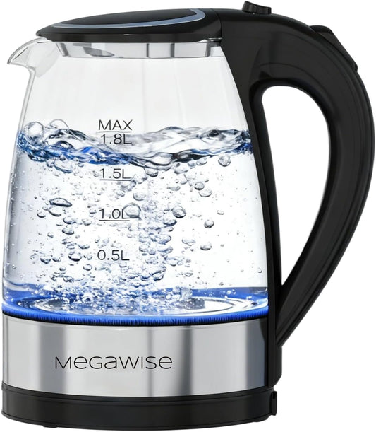 Megawise Electric Glass Kettle with Auto Shut-Off, BPA-Free, Stainless Steel Inner Lid & Base, Blue LED Indicator, Easy Clean, Cord Storage (1.8L)