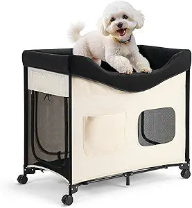 VEVOR Bedside Lounge Pet Bed, Foldable Bunk Dog Bed with 600D Oxford Cloth and Dutch Velvet, Portable Raised Cot with Wheels, Side Storage Bags, and Carry Bag for Cats & Dogs, L, Beige