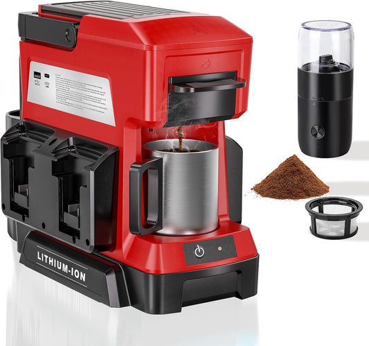 Taingwei Cordless Coffee Maker for Milwaukee M18 18V Battery, Portable Drip Coffee Maker with Electric Coffee Grinder for RV, Camping, Travel, Car, Hiking (Battery Not Included)