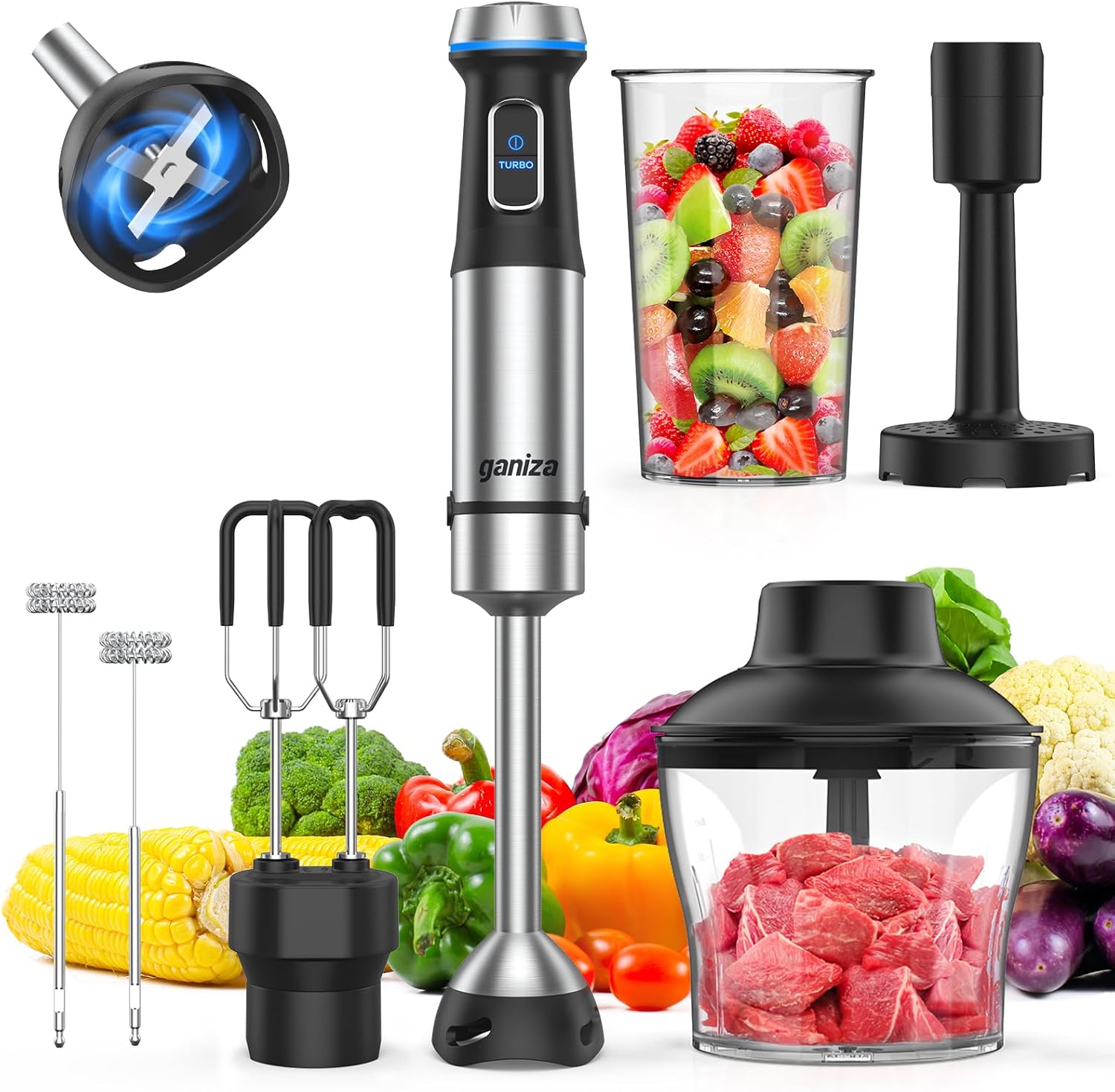 Ganiza Immersion Blender Handheld, 6 in 1 Hand Blender Stainless Steel Blade, 15 Speed Stick Blenders Electric, 800ml Mixing Beaker, 600ml Chopper, Whisk, Frother, Potato Masher