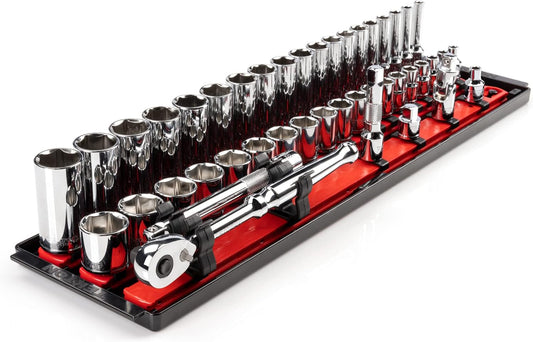 TEKTON 3/8 Inch Drive 6-Point Socket and Ratchet Set with Rails and Tray, 44-Piece (6-24 mm) | SKT13201