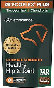 VetriScience Ultimate Strength Healthy Hip & Joint Chews, GlycoFlex Glucosamine, Chondroitin and Green-Lipped Mussel Joint Support Supplement for Dogs, Soothe Joint Discomfort, Duck, 120 Count