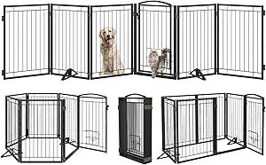 Metal Free Standing Dog Gate with Cat Door for Indoor/Outdoor,120" Extra Wide Foldable Pet Gate,32" Tall Foldable Indoor Dog Fence for Large Openings Stairs,Deck,Yard,Doorways(6 Panels,Black)