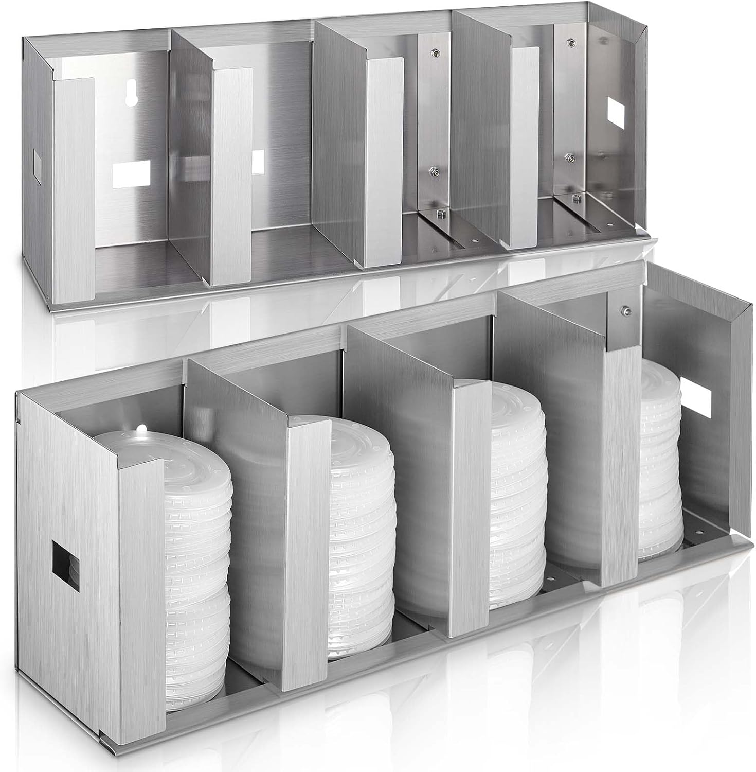 Hicarer 4 Compartments Stainless Steel Cup Dispenser with Adjustable Dividers Silver Cup and Lid Holder Lid Organizer Storage for Cabinet Kitchen Cafe Tea Shop Restaurant