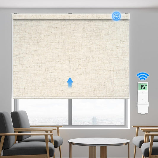 Tokblind Motorized Blackout Roller Shade Fabric Covered Valance and Bottom Rod, Remote Control Electric Window Blind Compatible with Alexa Google via Hub, Custom Size (Texture Beige - Wrapped Fabric)