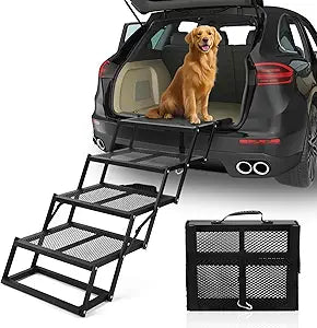 Dog Stairs for Car, Sturdy Metal Foldable Pet Steps Heavy Duty Non-Slip Dog Ramp for SUV High Bed, 300LBS Capacity Adjustable Height