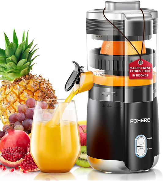 FOHERE Citrus Juicer Electric, Hand-Free Orange Juicer Machine with 2 Interchangeable Cones, Automatic Juice Squeezer for Orange, Lemon, Grape, Pomegranate, Cleaning Brush Included